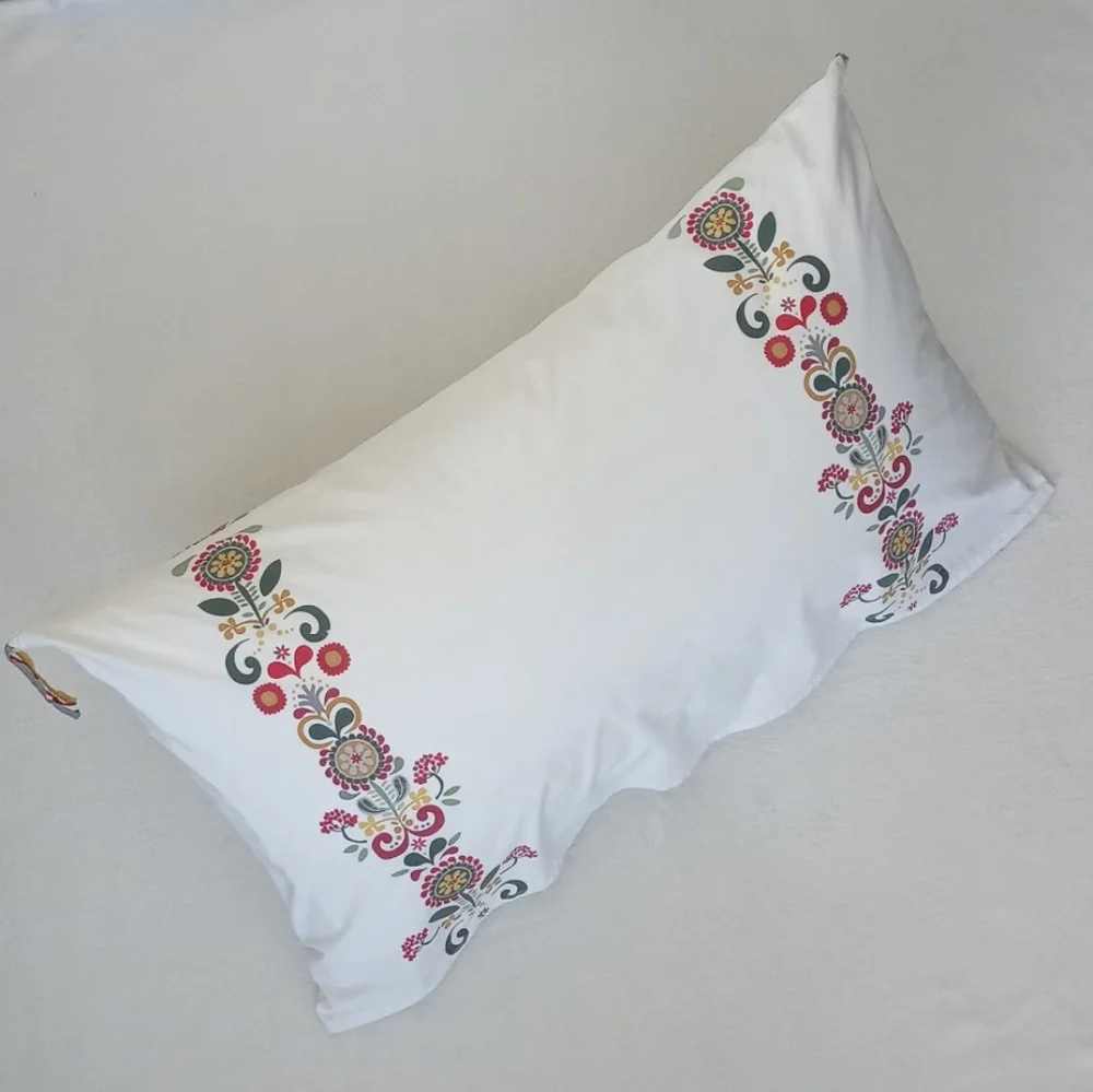 Bohemian Cream w/ Red Yellow Dutch Floral Motif Tasseled Pillow Sham Cover Queen
